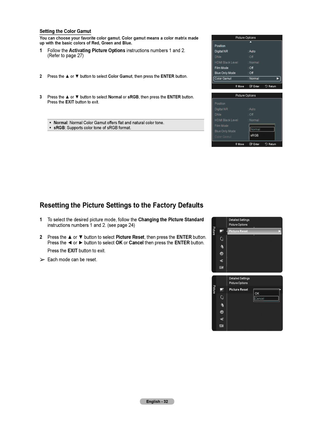 Samsung series 510 Resetting the Picture Settings to the Factory Defaults, Setting the Color Gamut, Picture Reset 