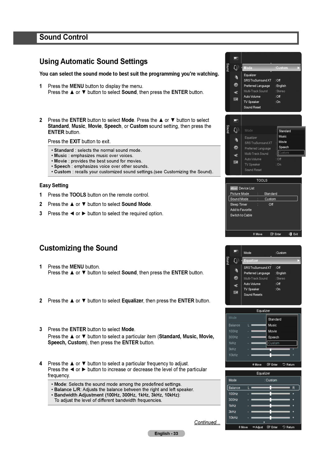 Samsung series 510 user manual Sound Control Using Automatic Sound Settings, Customizing the Sound, Mode Custom, Equalizer 