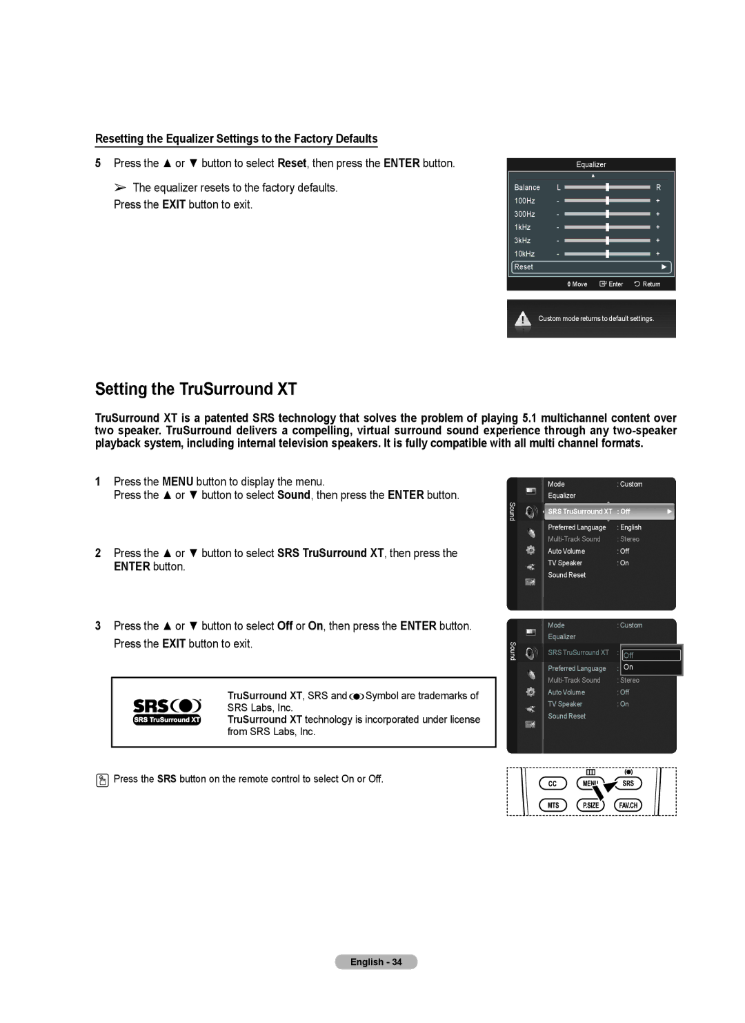 Samsung series 510 user manual Setting the TruSurround XT, Resetting the Equalizer Settings to the Factory Defaults 