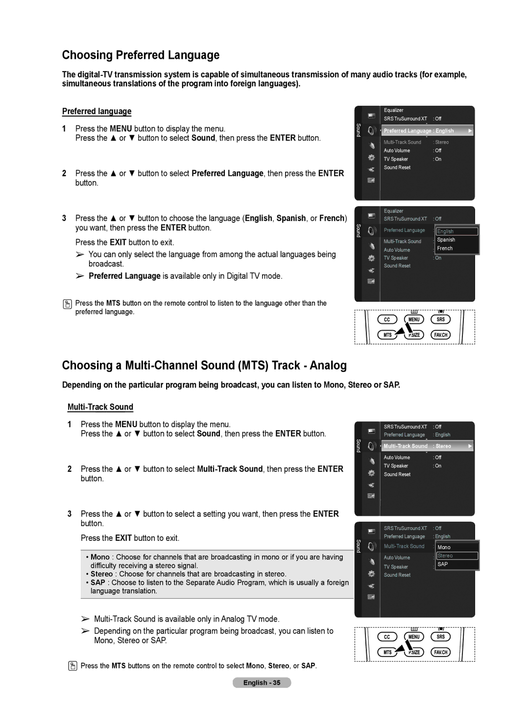 Samsung series 510 user manual Choosing Preferred Language, Choosing a Multi-Channel Sound MTS Track Analog 