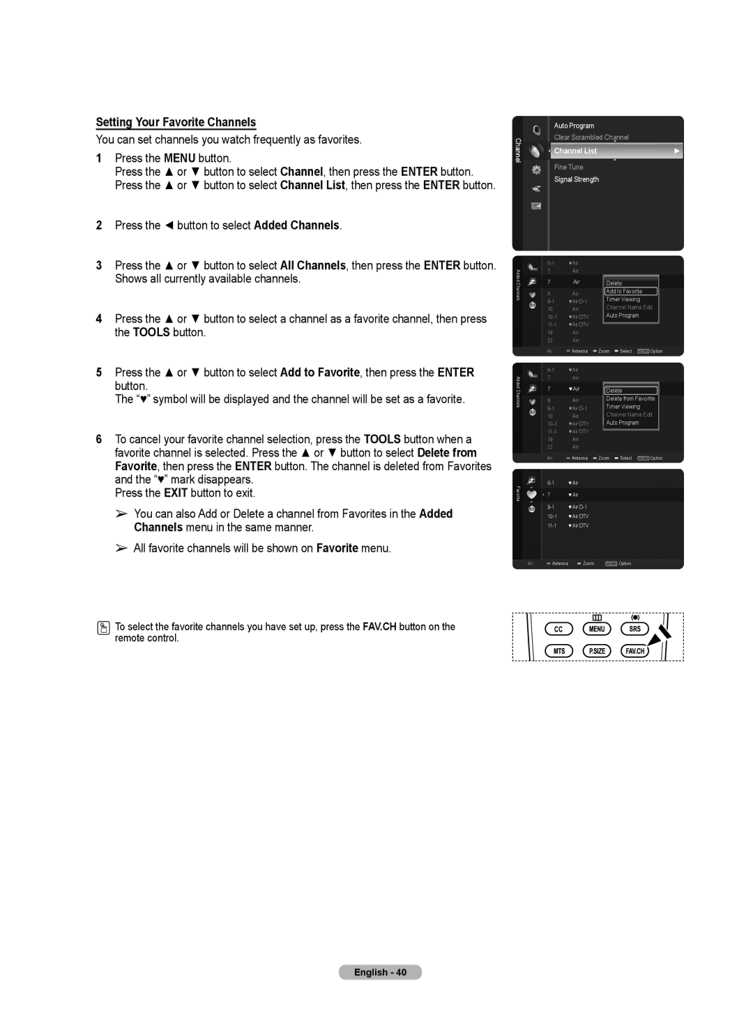 Samsung series 510 user manual Setting Your Favorite Channels 