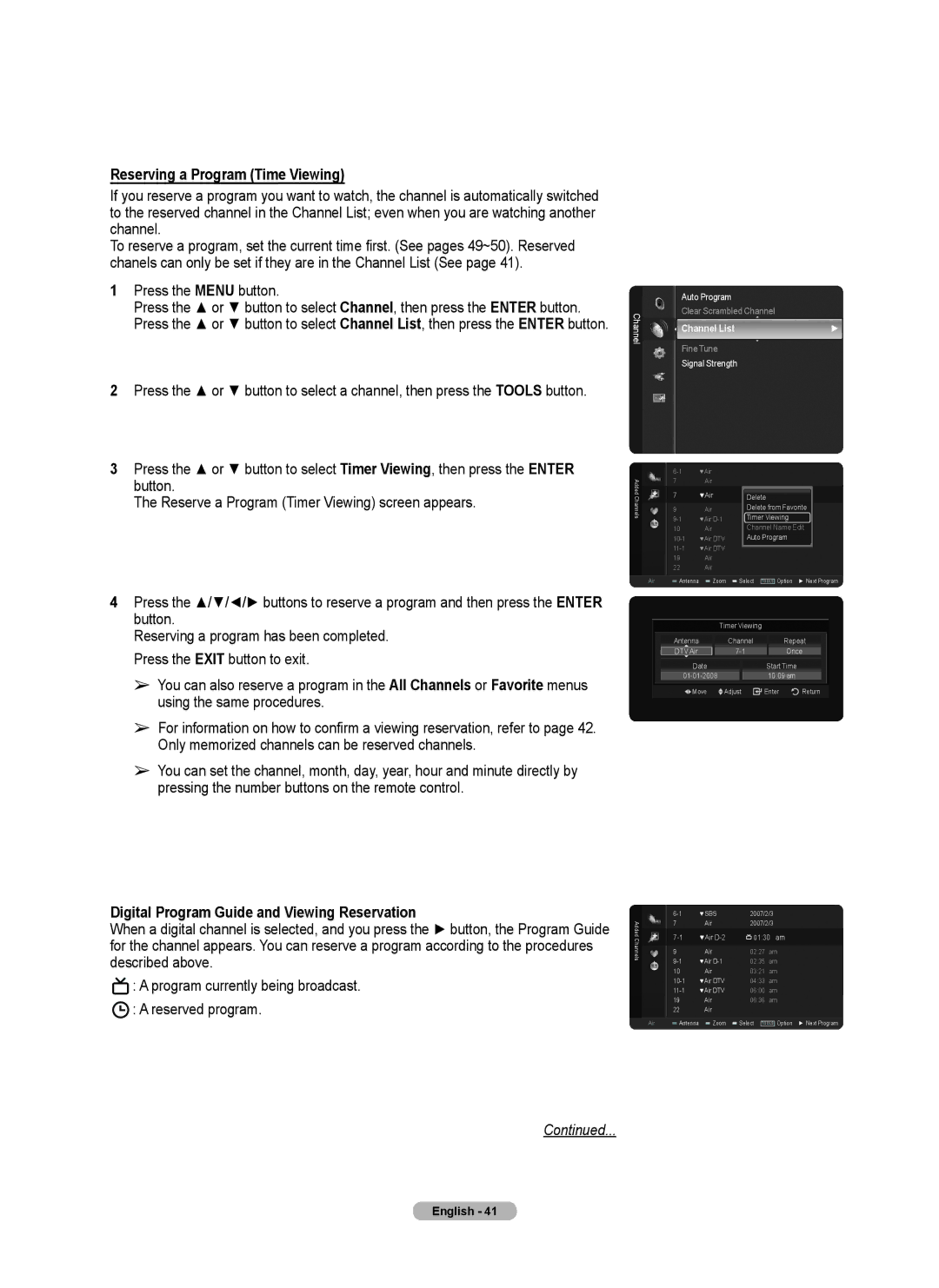 Samsung series 510 user manual Reserving a Program Time Viewing, Digital Program Guide and Viewing Reservation 