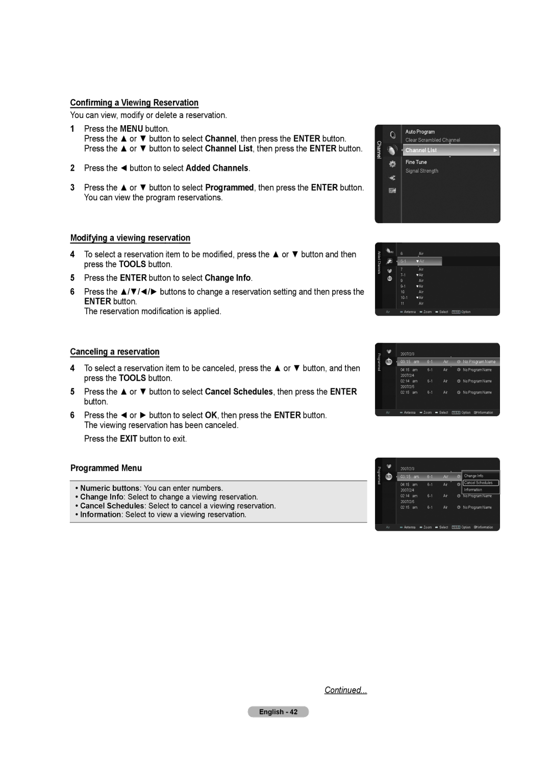 Samsung series 510 user manual Confirming a Viewing Reservation, Modifying a viewing reservation, Canceling a reservation 