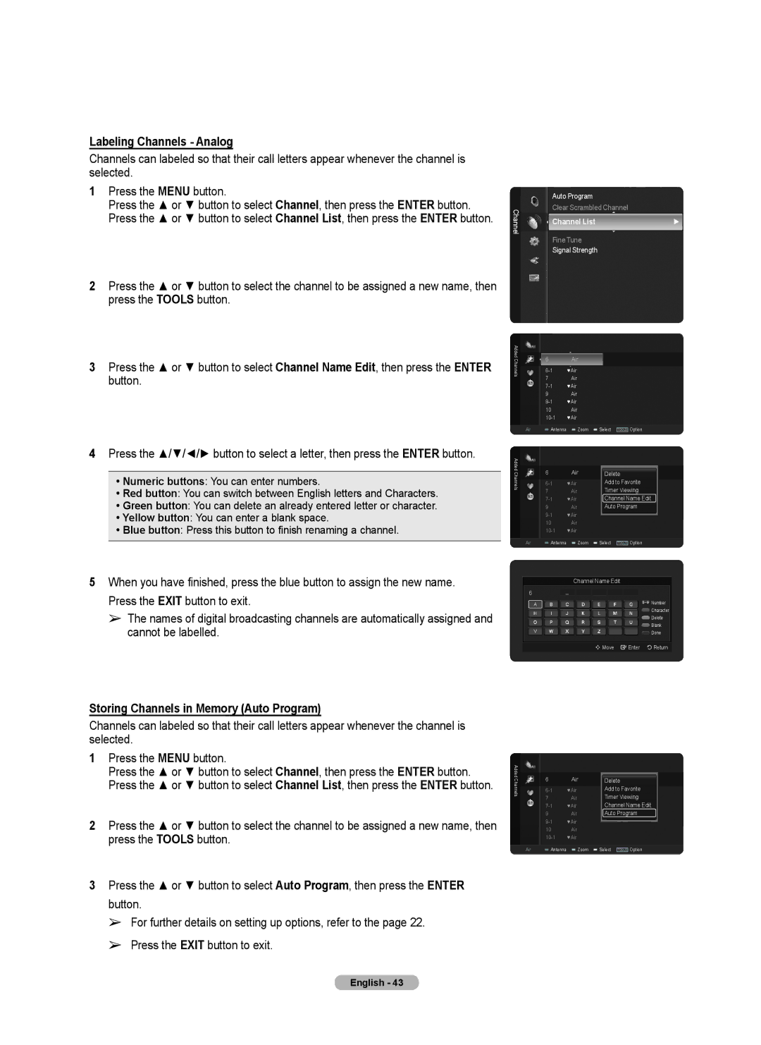 Samsung series 510 user manual Labeling Channels Analog, Storing Channels in Memory Auto Program 