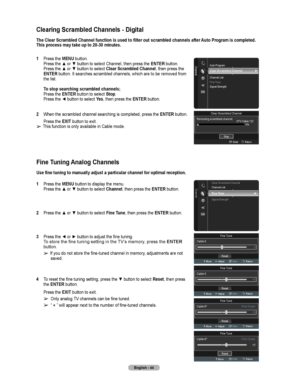 Samsung series 510 Clearing Scrambled Channels Digital, Fine Tuning Analog Channels, Clear Scrambled Channel, Fine Tune 