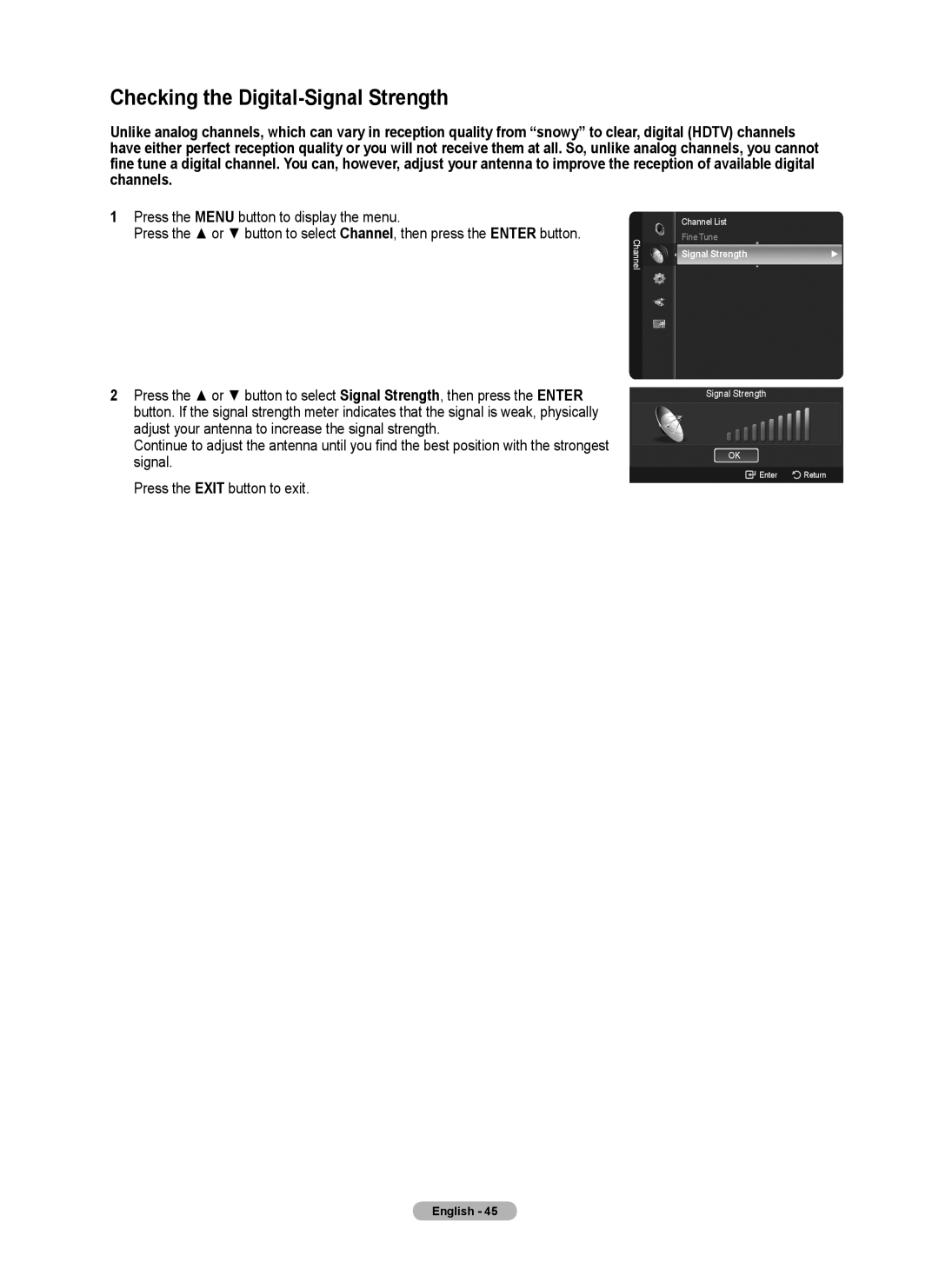 Samsung series 510 user manual Checking the Digital-Signal Strength 