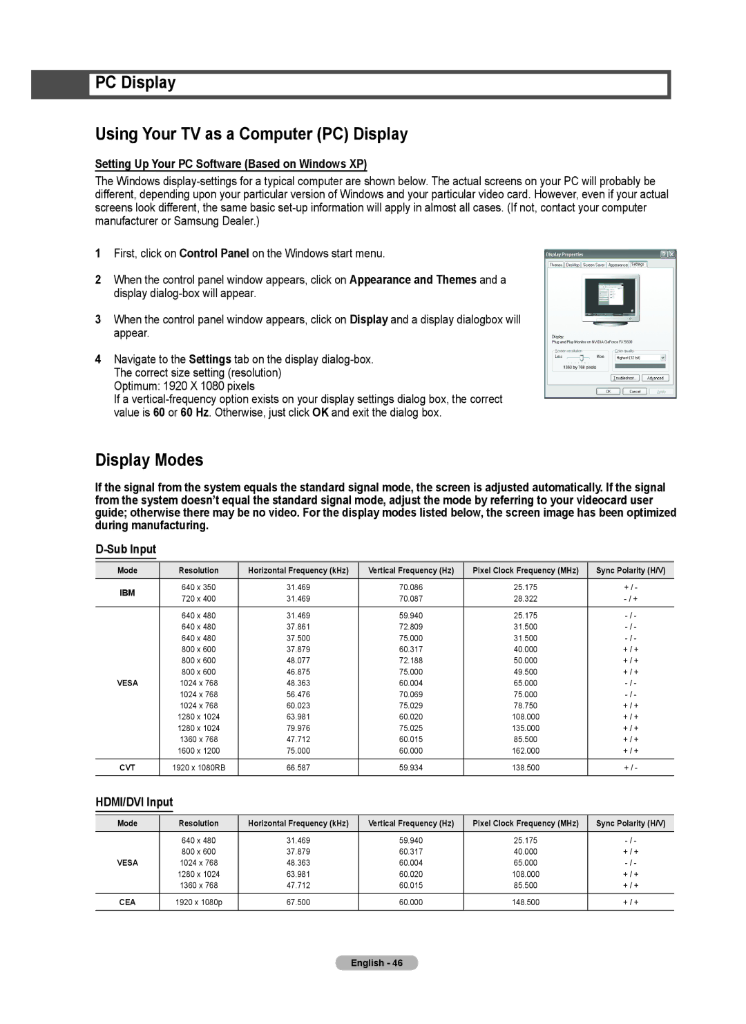 Samsung series 510 user manual PC Display Using Your TV as a Computer PC Display, Display Modes, HDMI/DVI Input 