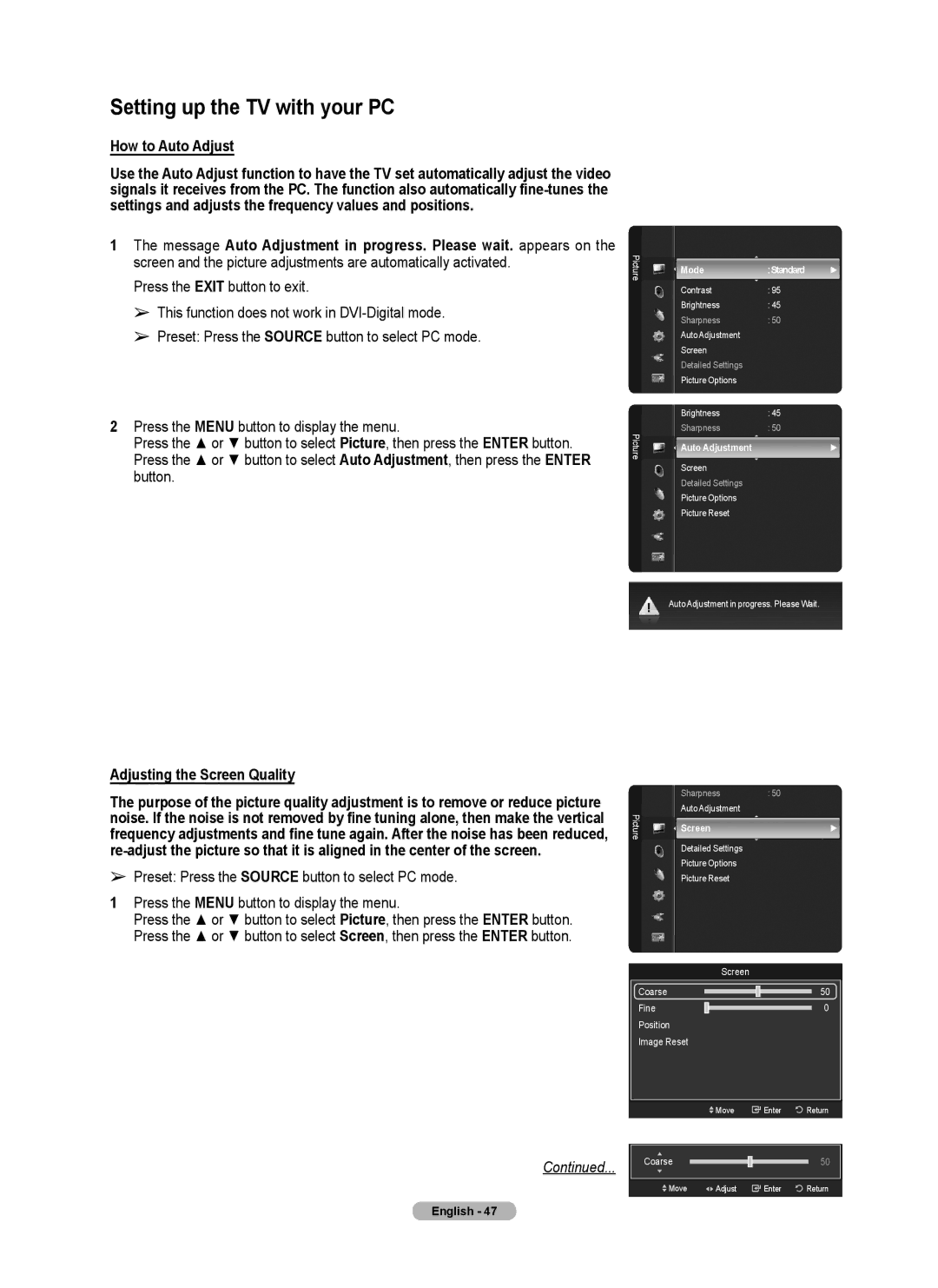 Samsung series 510 user manual Setting up the TV with your PC, Adjusting the Screen Quality, Mode Standard 