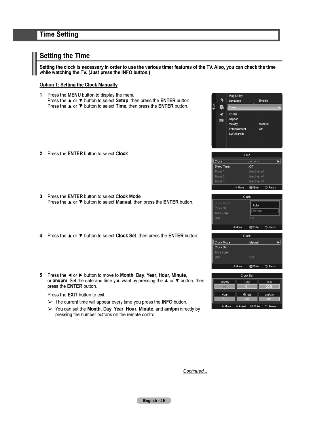 Samsung series 510 user manual Time Setting Setting the Time 