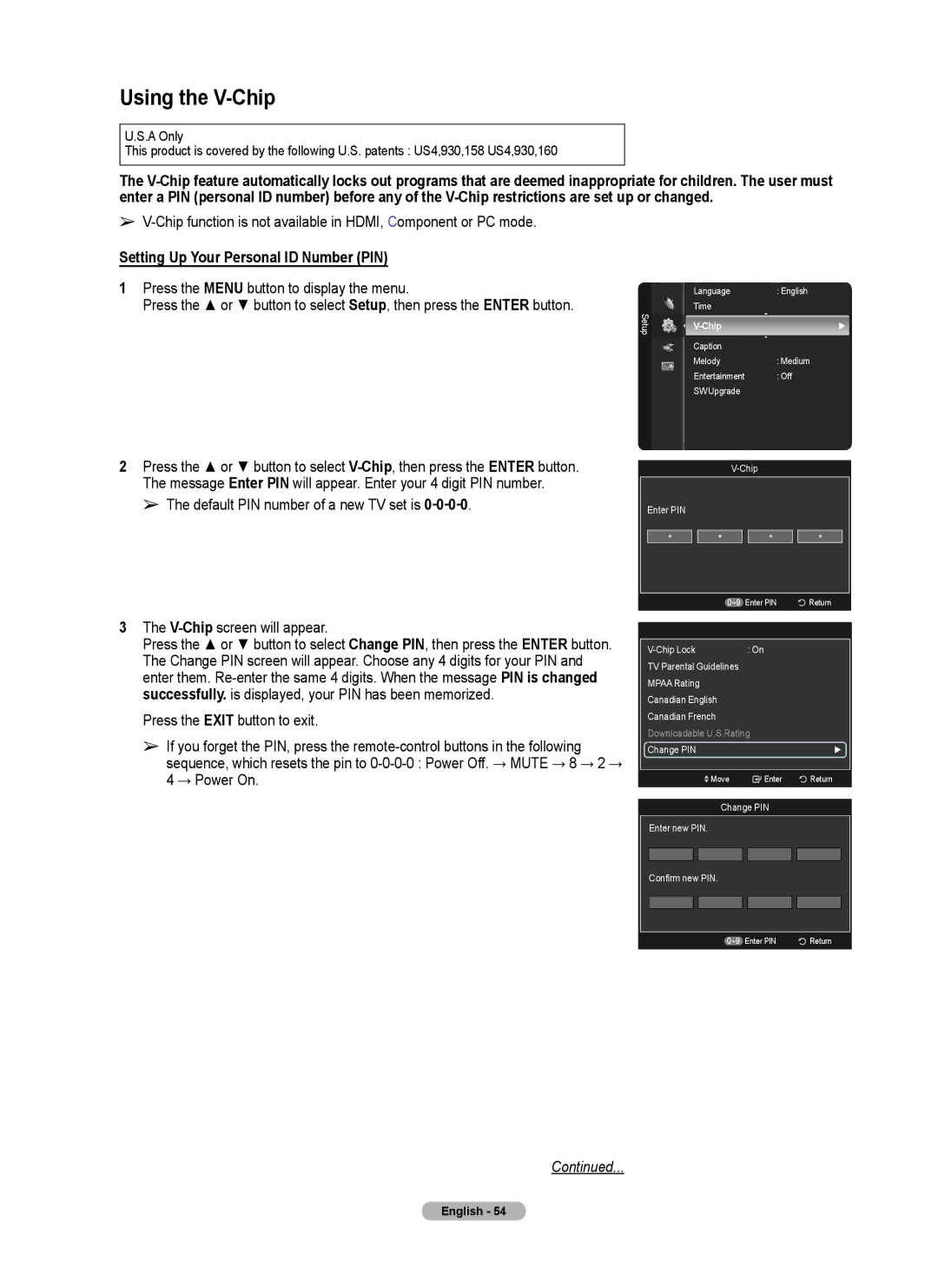 Samsung series 510 user manual Using the V-Chip, Setting Up Your Personal ID Number PIN 