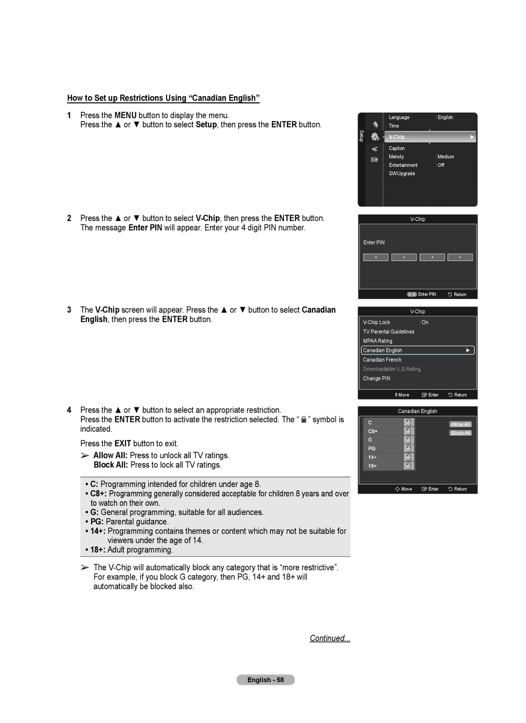 Samsung series 510 user manual How to Set up Restrictions Using Canadian English 