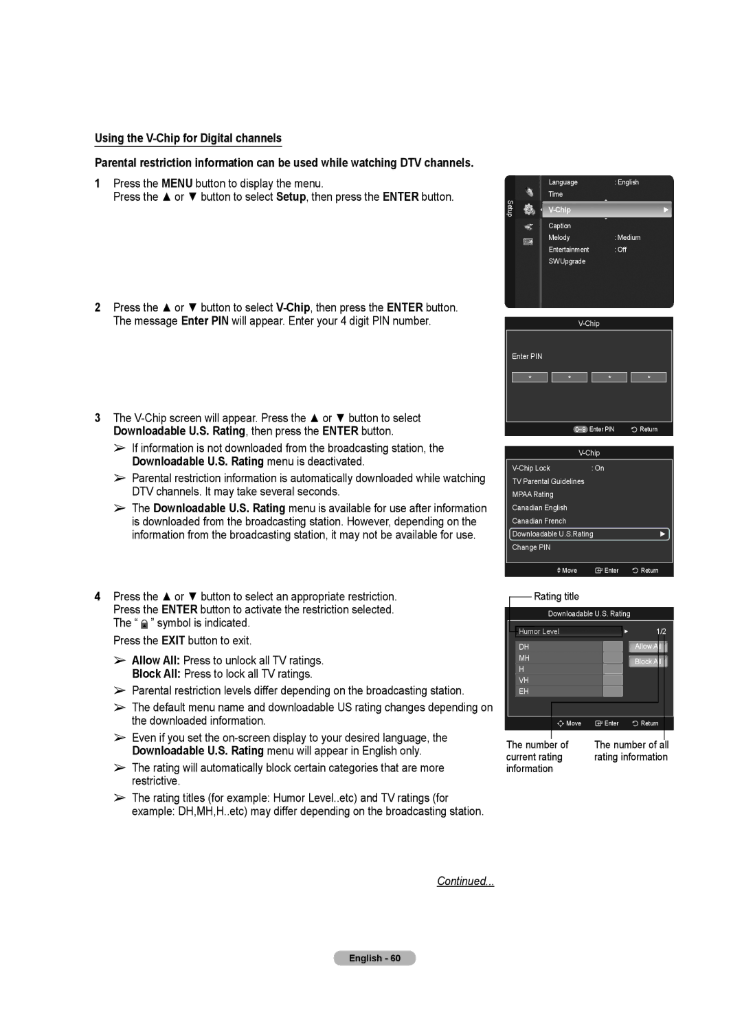 Samsung series 510 Using the V-Chip for Digital channels, V-Chip screen will appear. Press the or button to select 