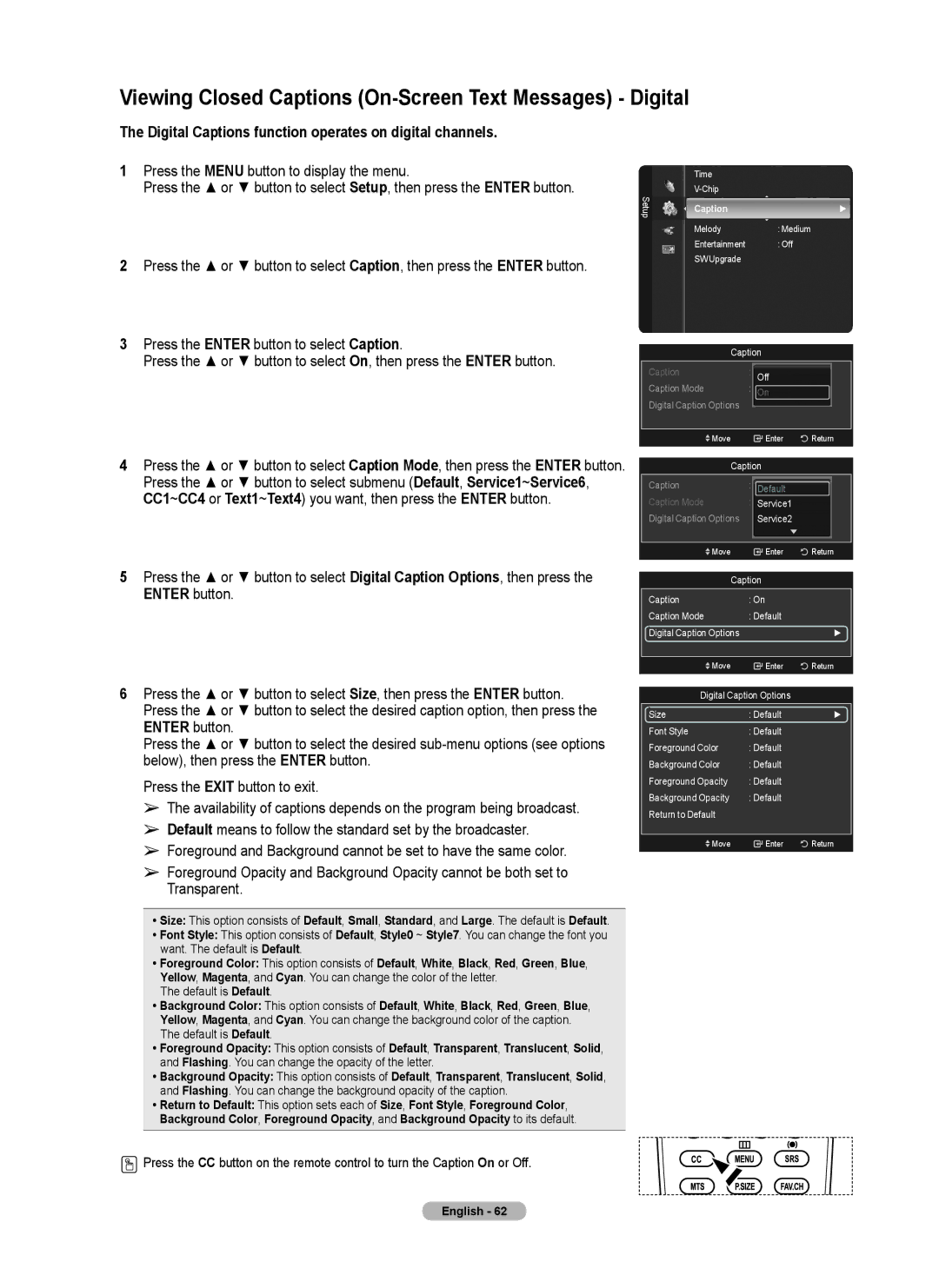 Samsung series 510 user manual Viewing Closed Captions On-Screen Text Messages Digital, On, then press the Enter button 