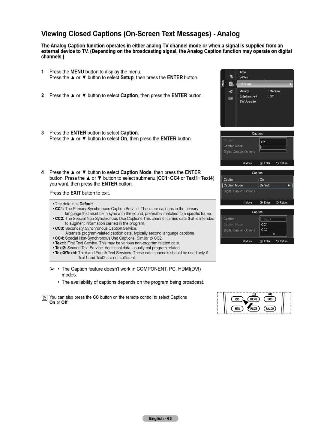 Samsung series 510 user manual Viewing Closed Captions On-Screen Text Messages Analog, On or Off 