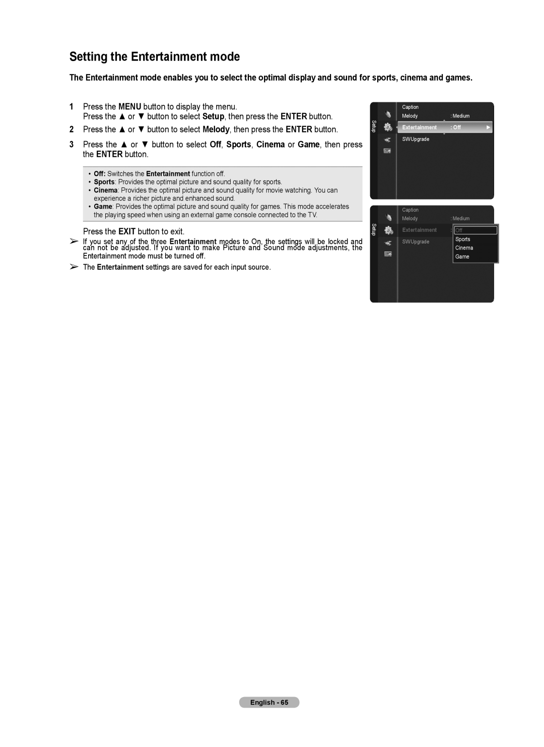 Samsung series 510 user manual Setting the Entertainment mode, Extertainment Off 