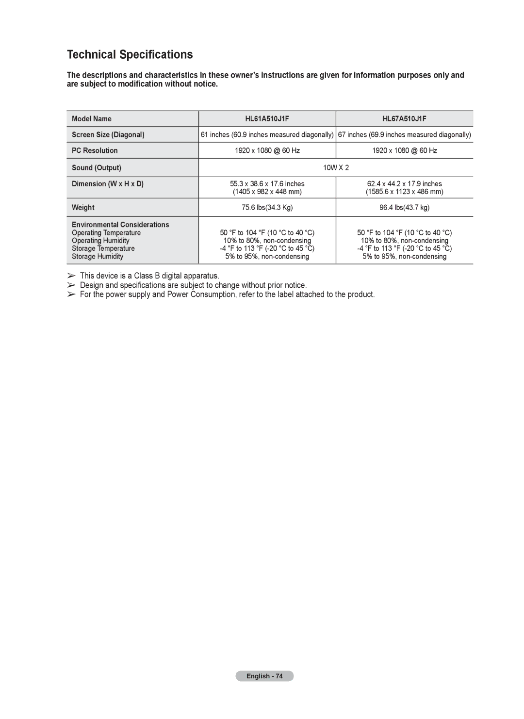 Samsung series 510 user manual Technical Specifications 