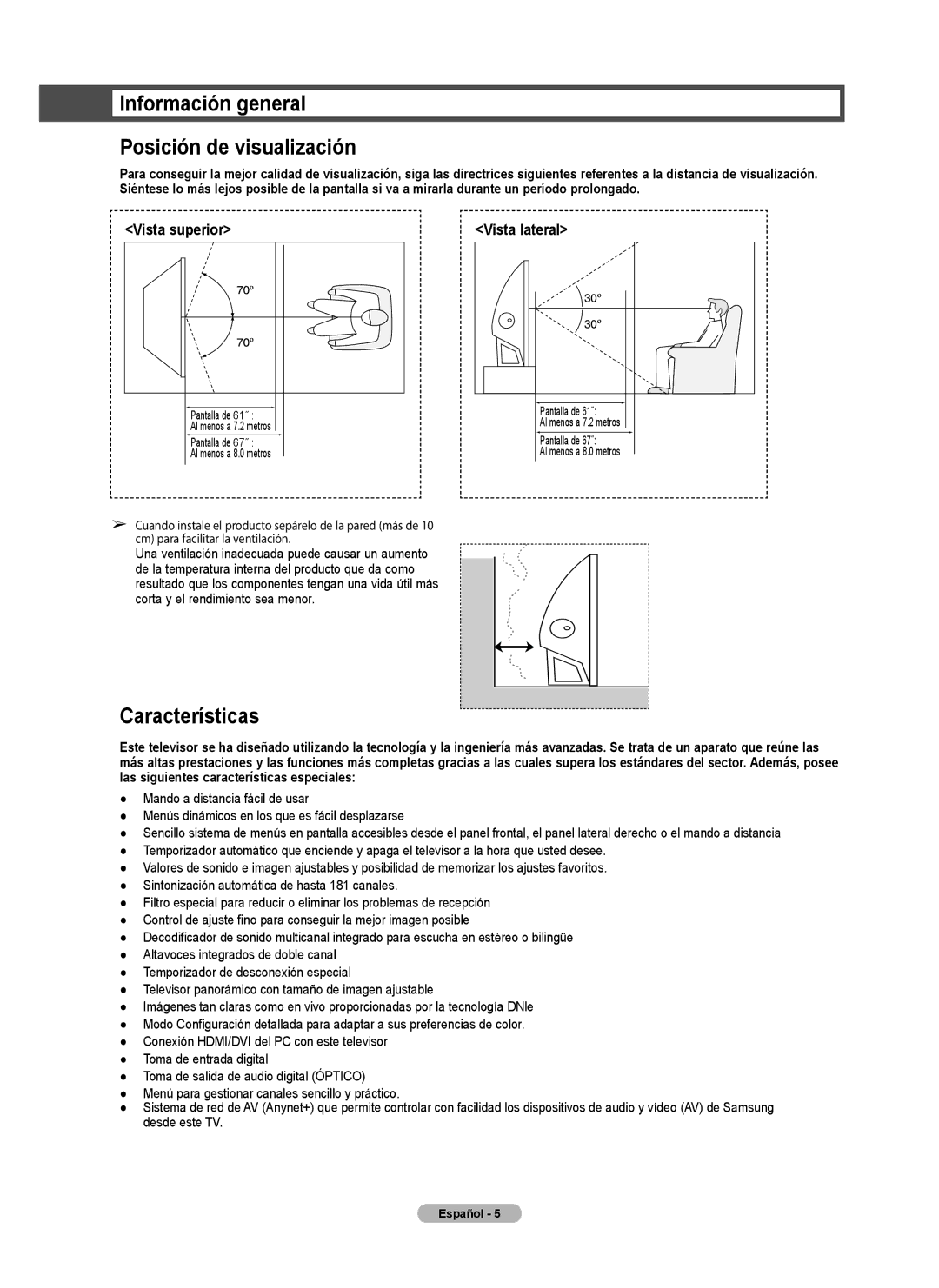 Samsung series 510 user manual Información general Posición de visualización, Características, Vista lateral 