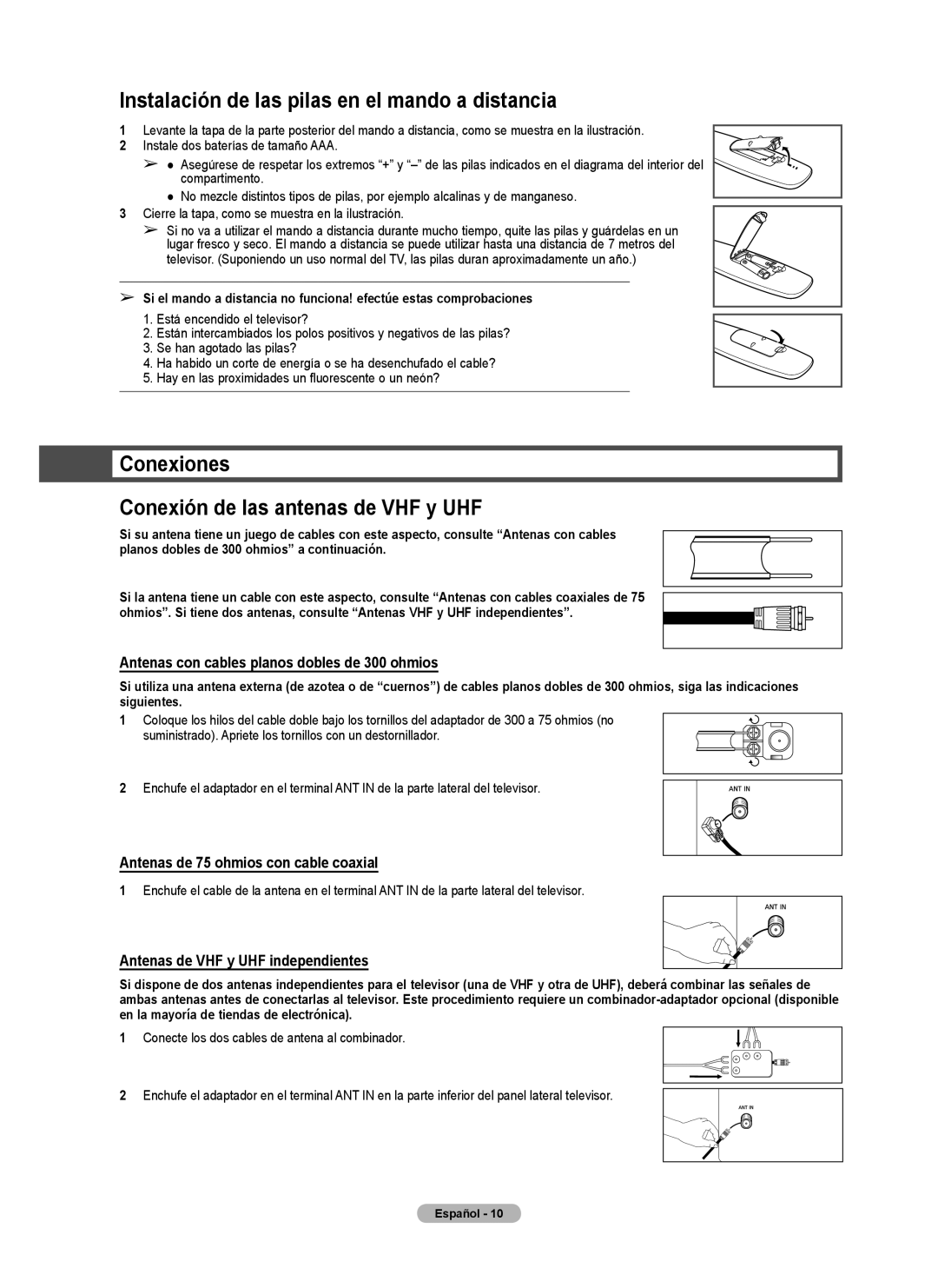 Samsung series 510 Instalación de las pilas en el mando a distancia, Conexiones Conexión de las antenas de VHF y UHF 