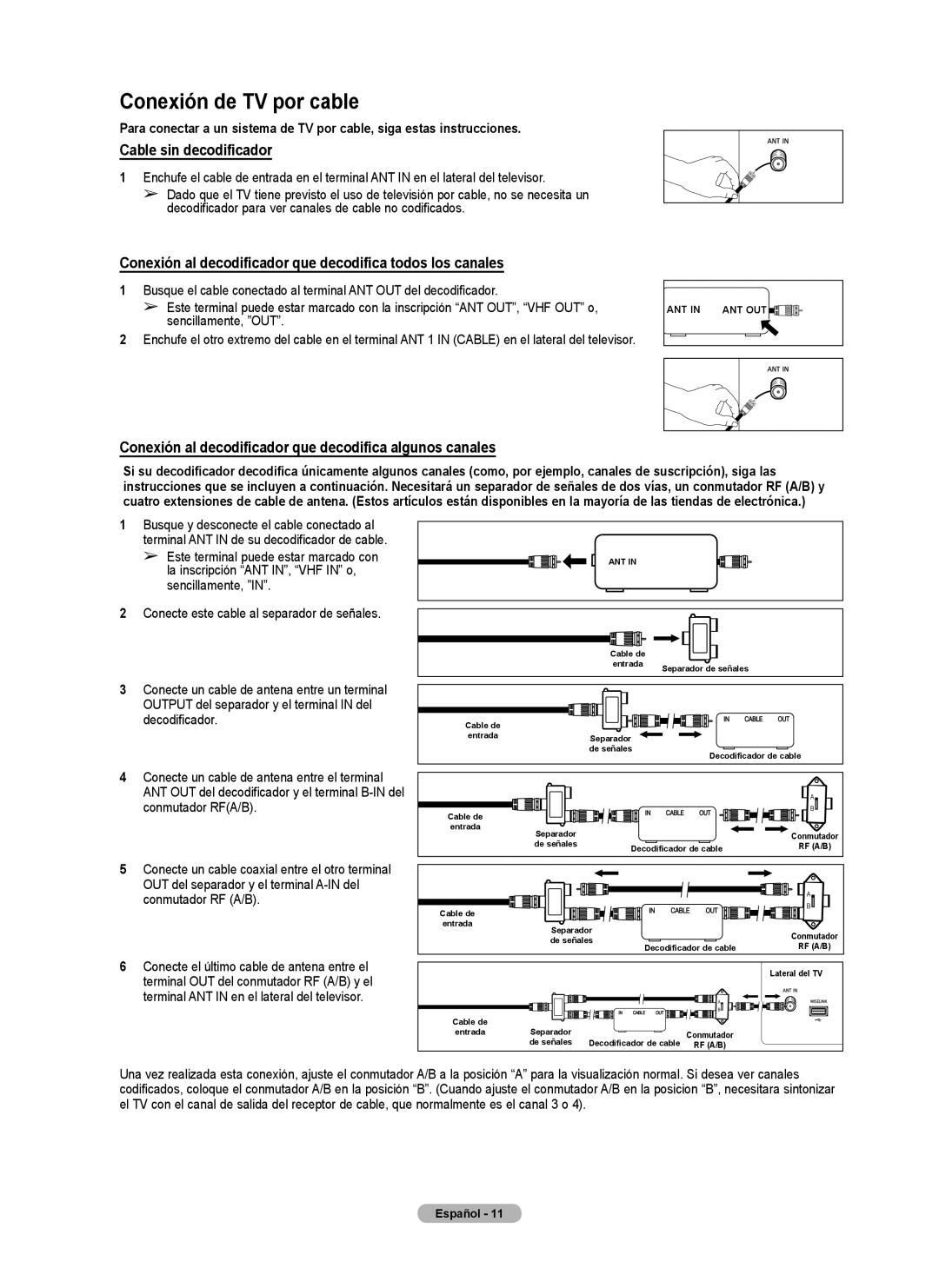 Samsung series 510 user manual Conexión de TV por cable, Cable sin decodificador 