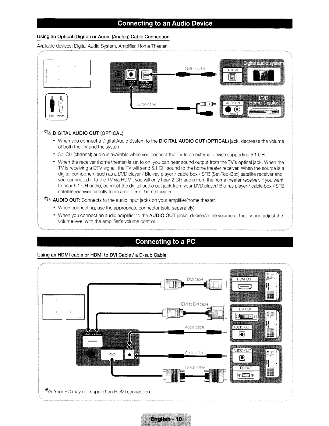 Samsung Series 550 Connecting to an Audio Device, Connecting to a PC, ~ Your PC may not support an Hdmi connection 