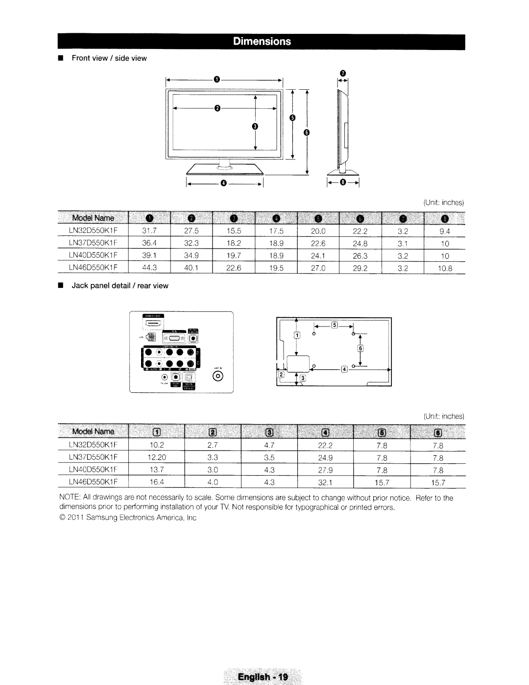 Samsung Series 5 550, Series 550 user manual ~~~, Dimensions 