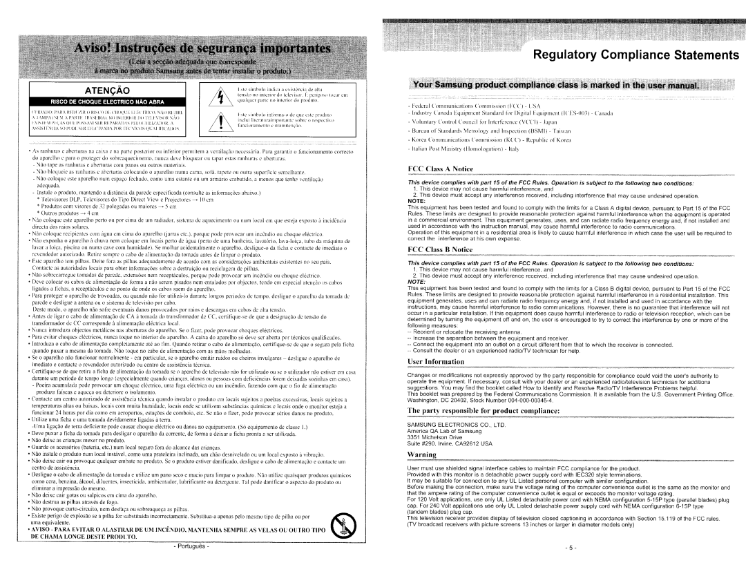 Samsung Series 550, Series 5 550 user manual Regulatory Compliance Statements 