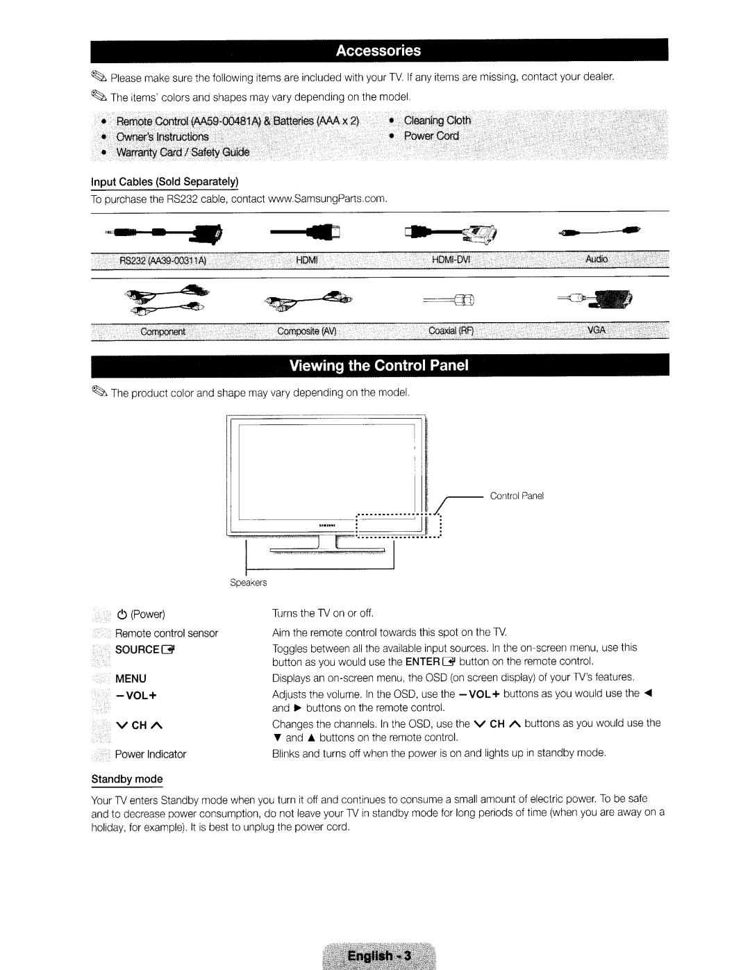 Samsung Series 5 550 Own,f3r~.lnstructionS·i, Input Cables Sold Separately, Compbnent Composite AV, Control Panel 