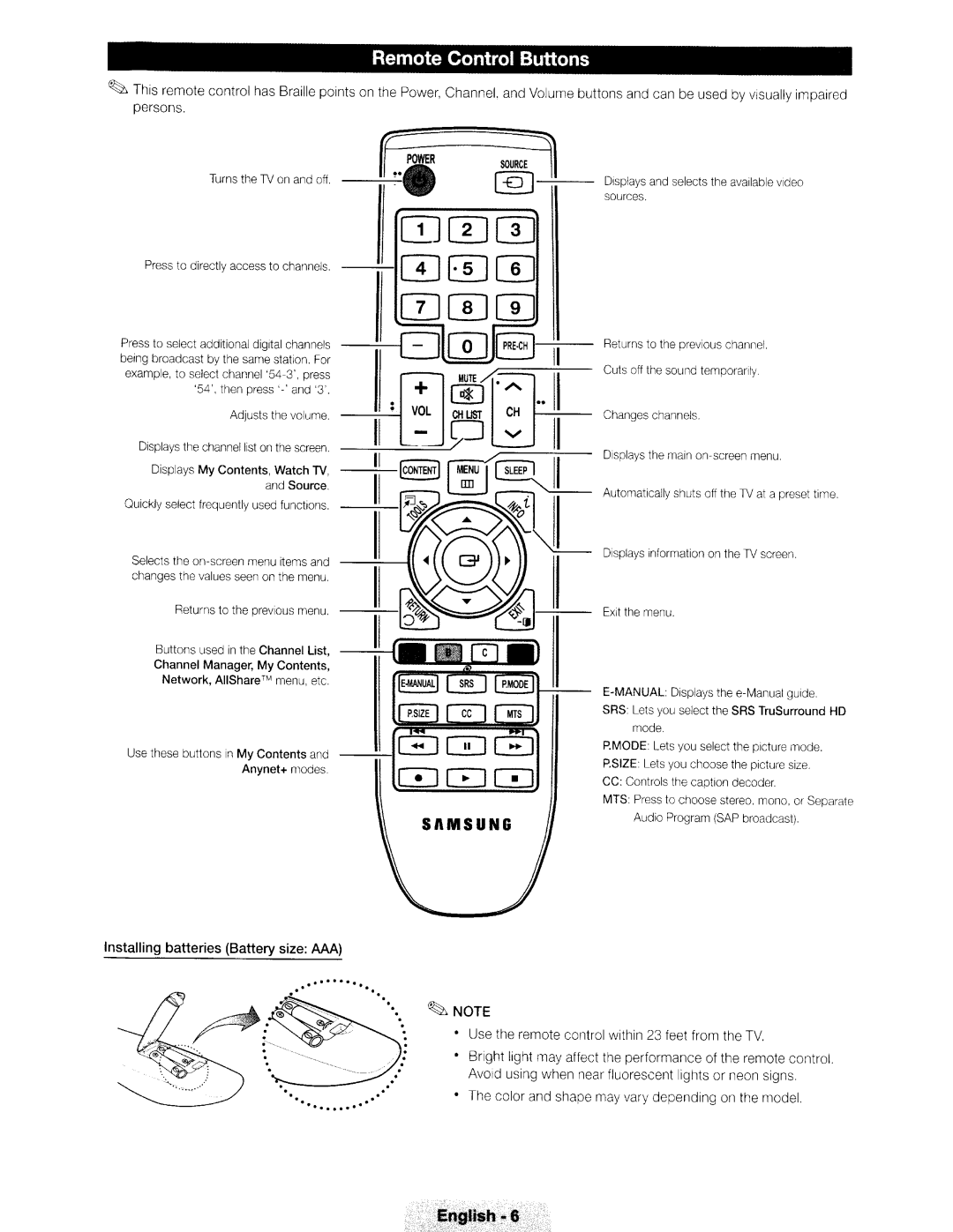 Samsung Series 550 Use the remote control within 23 feet from the TV, Color and shape may vary depending on the model 