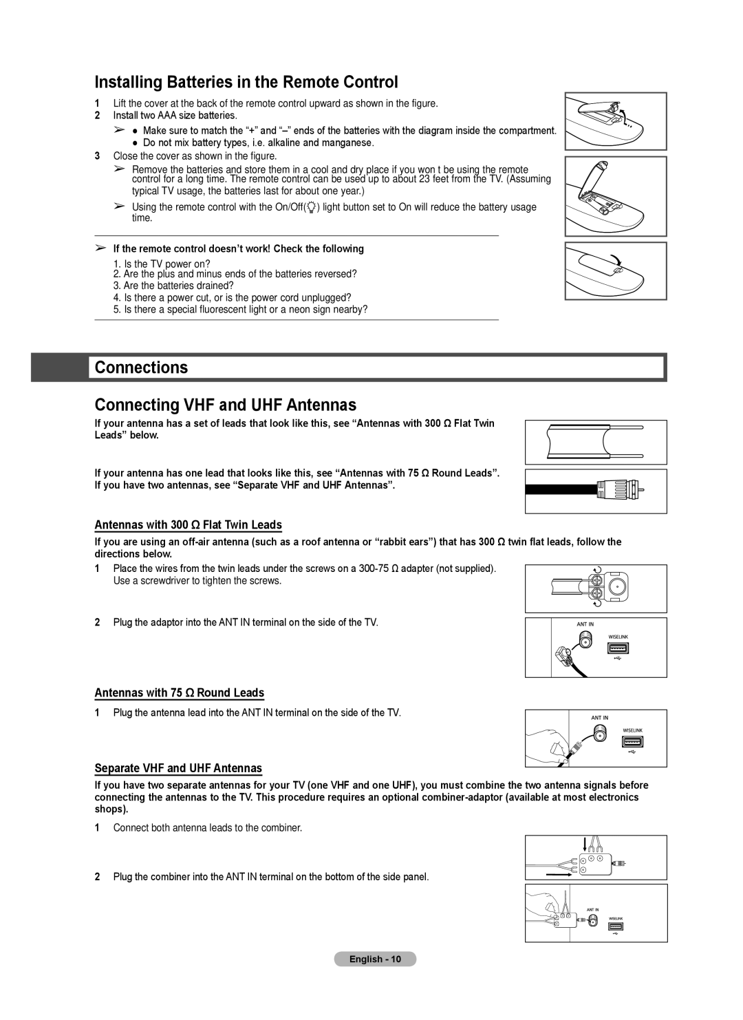 Samsung Series 6 650 user manual Installing Batteries in the Remote Control, Connections Connecting VHF and UHF Antennas 