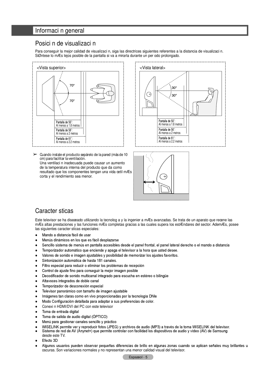 Samsung Series 6 650 user manual Información general Posición de visualización, Características, Vista lateral 