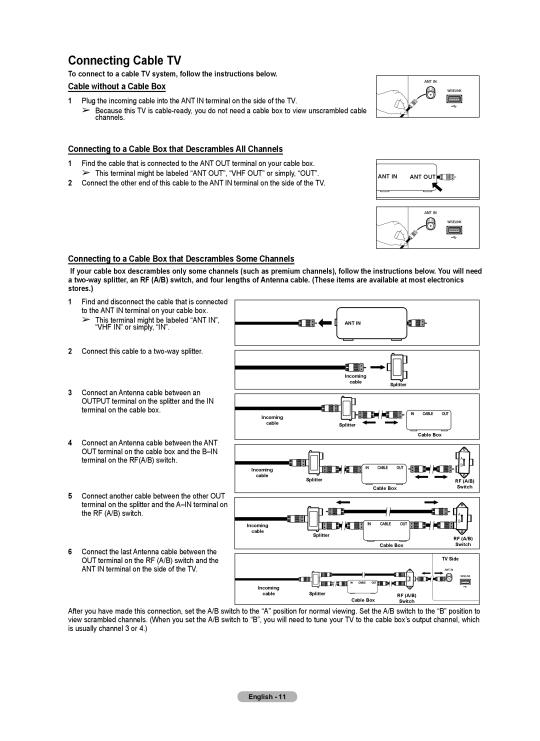 Samsung Series 6 650 user manual Connecting Cable TV, Cable without a Cable Box, ANT in terminal on the side of the TV 