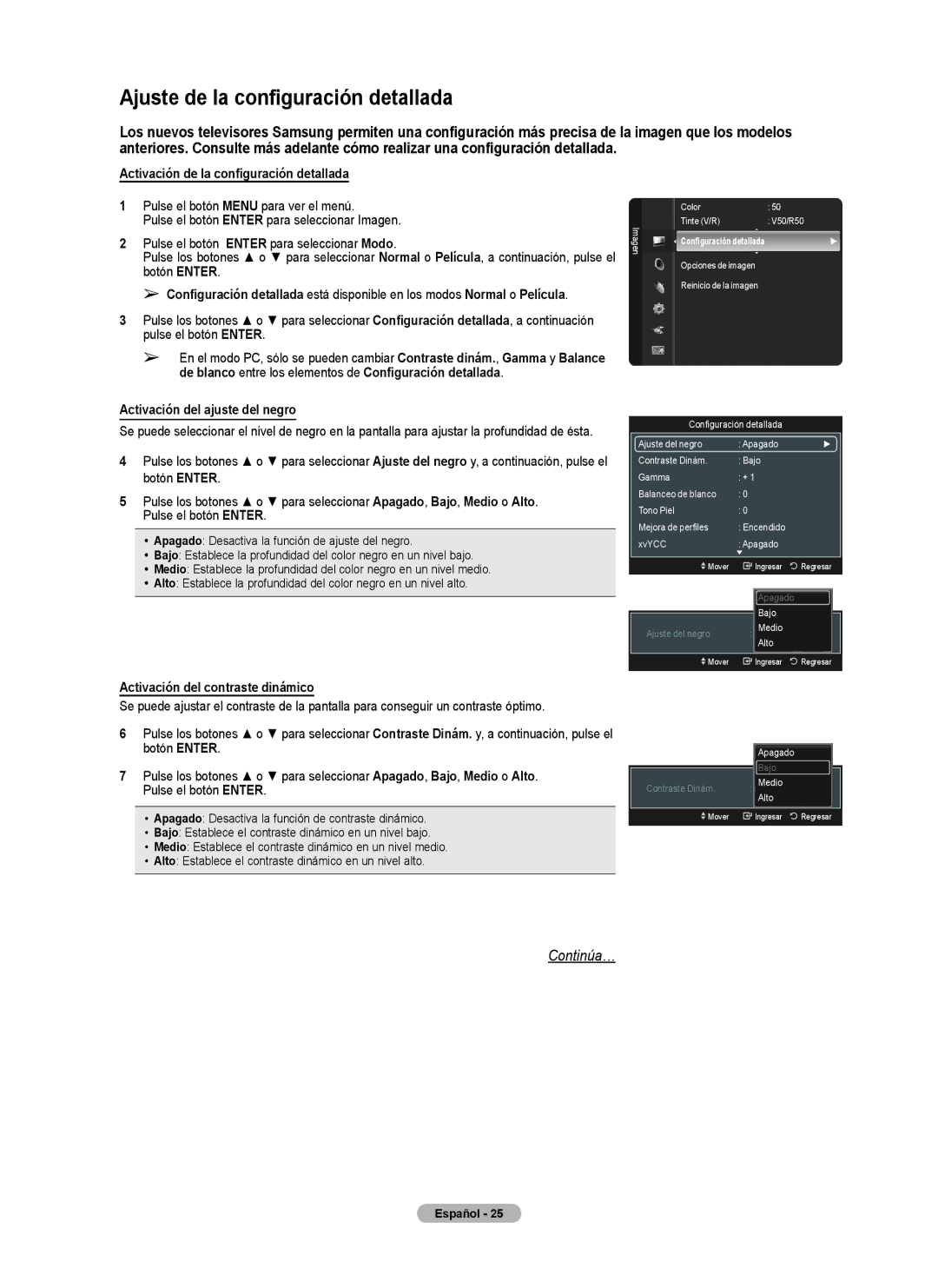 Samsung Series 6 650 user manual Ajuste de la configuración detallada, Activación de la configuración detallada 