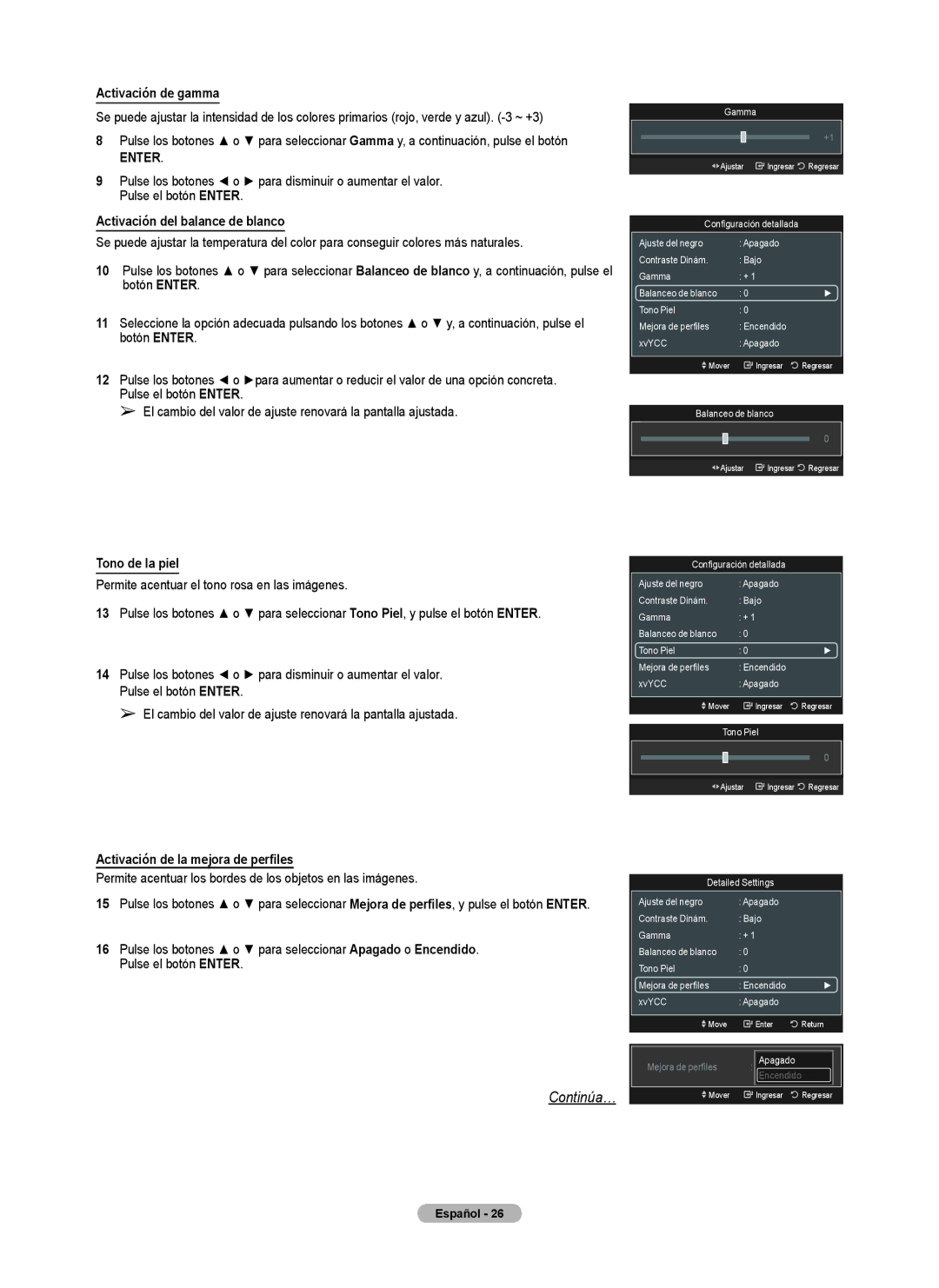 Samsung Series 6 650 user manual Activación de gamma, Activación del balance de blanco, Tono de la piel 