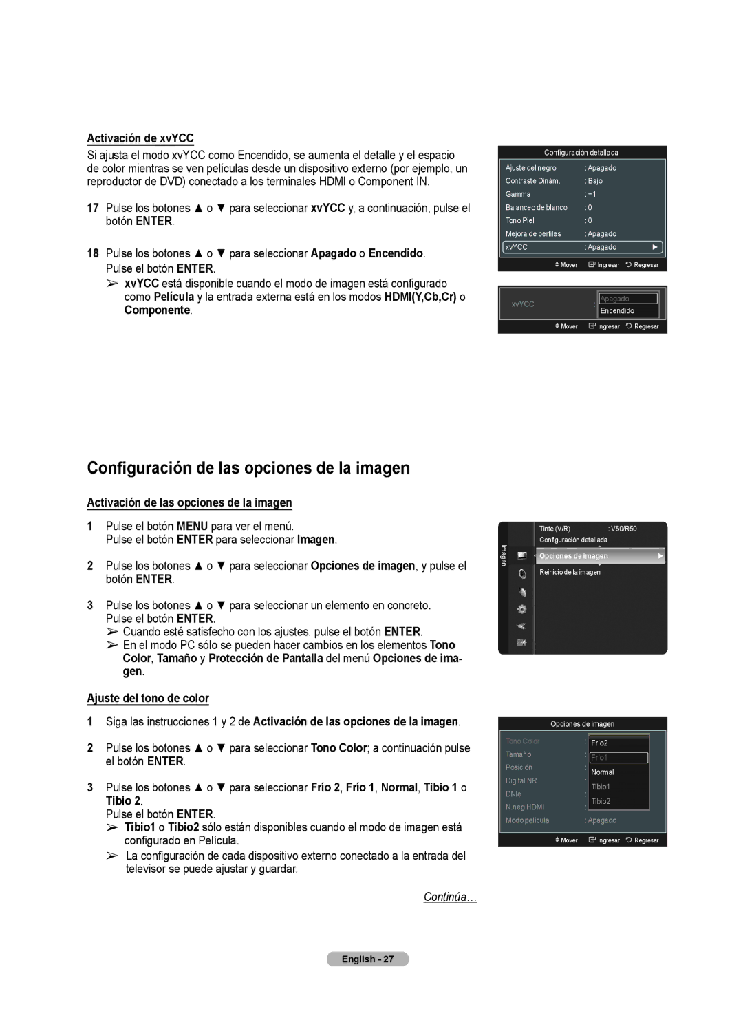 Samsung Series 6 650 user manual Configuración de las opciones de la imagen, Activación de xvYCC, Ajuste del tono de color 