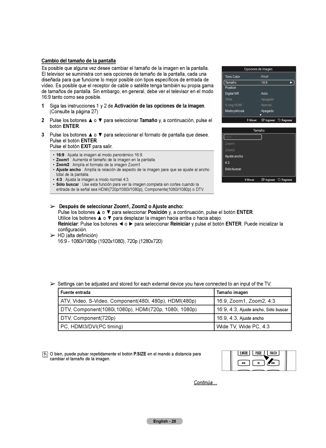 Samsung Series 6 650 user manual Cambio del tamaño de la pantalla, Pulse el botón Enter Pulse el botón Exit para salir 