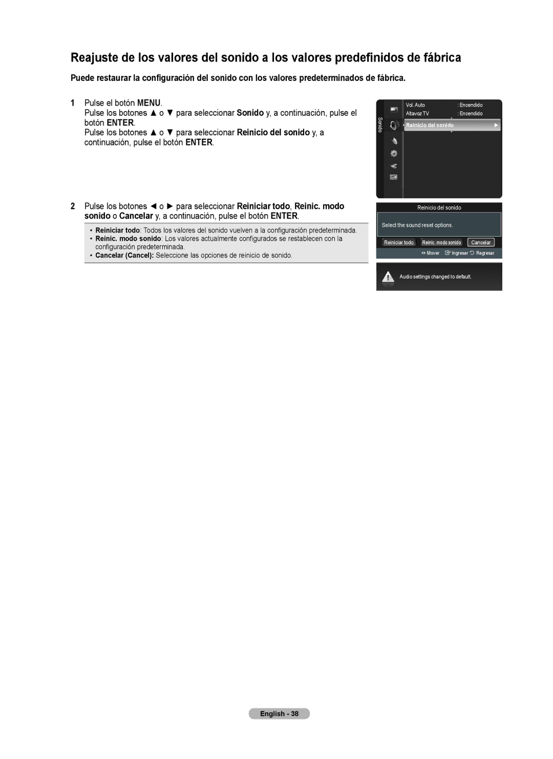 Samsung Series 6 650 user manual Reinicio del sonido Select the sound reset options 