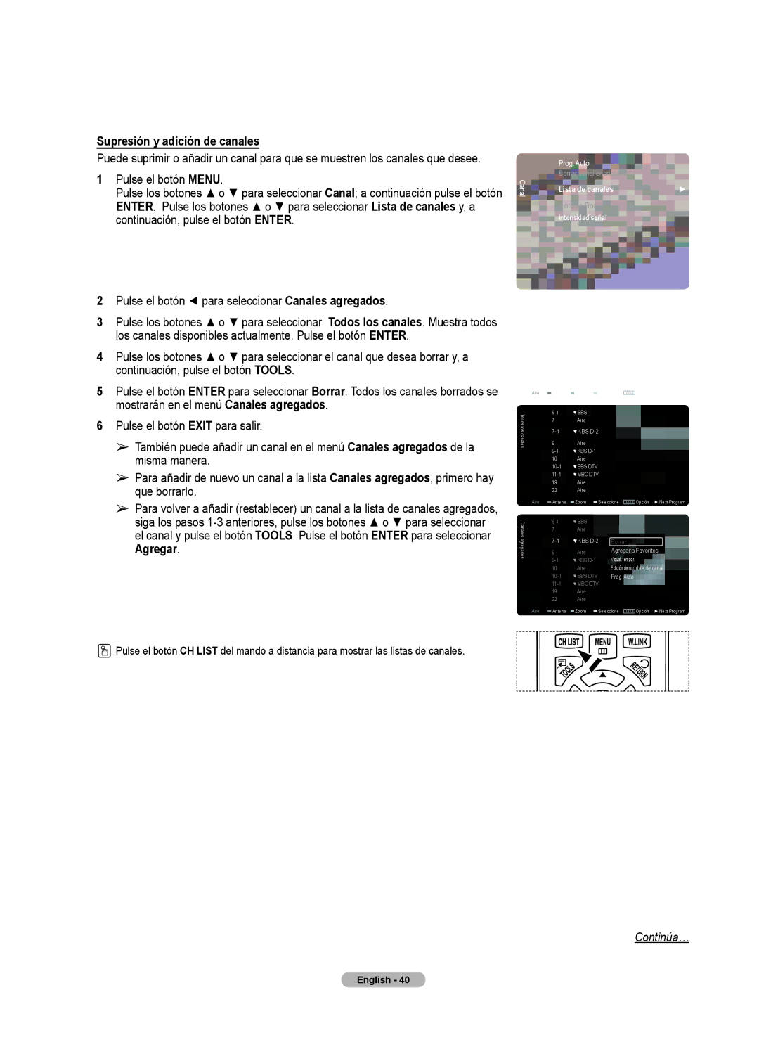 Samsung Series 6 650 user manual Supresión y adición de canales 