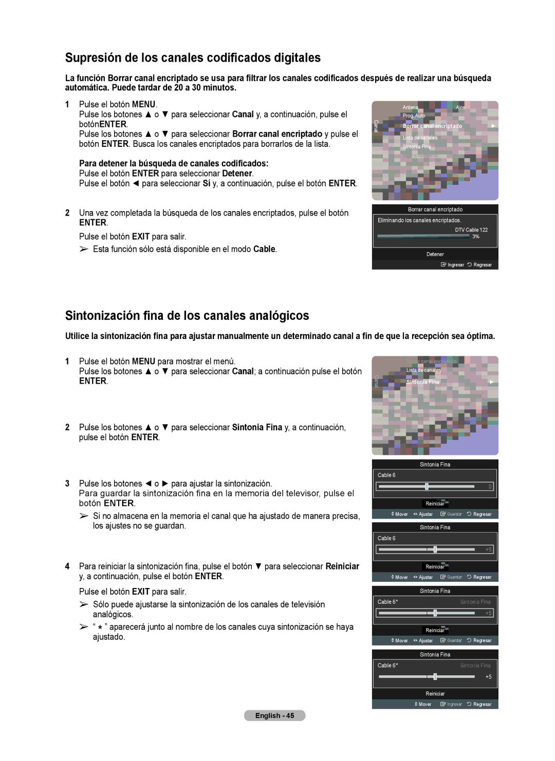 Samsung Series 6 650 Supresión de los canales codificados digitales, Sintonización fina de los canales analógicos 