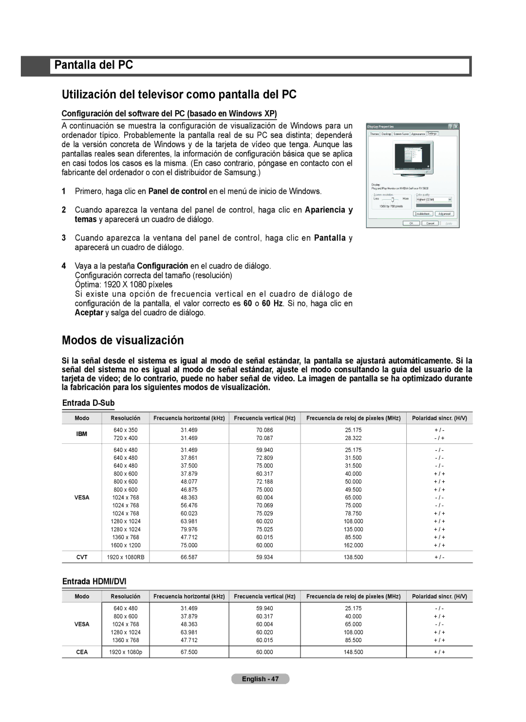 Samsung Series 6 650 Modos de visualización, Configuración del software del PC basado en Windows XP, Entrada HDMI/DVI 