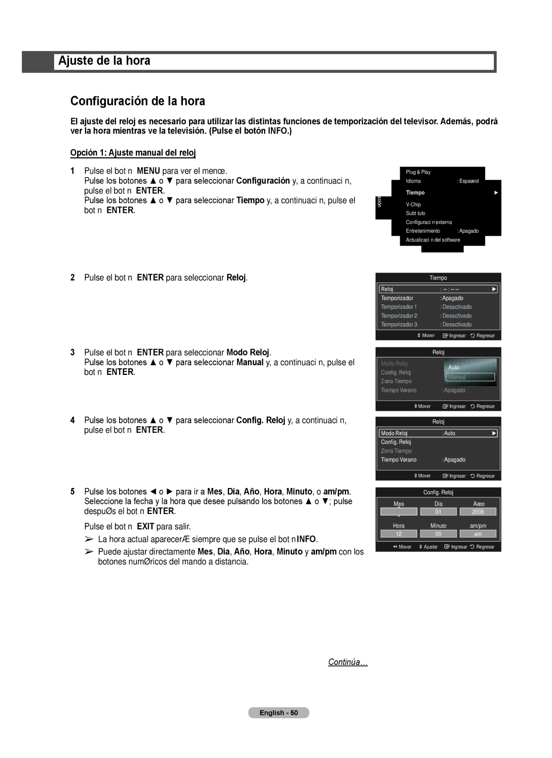 Samsung Series 6 650 user manual Ajuste de la hora Configuración de la hora, Tiempo 