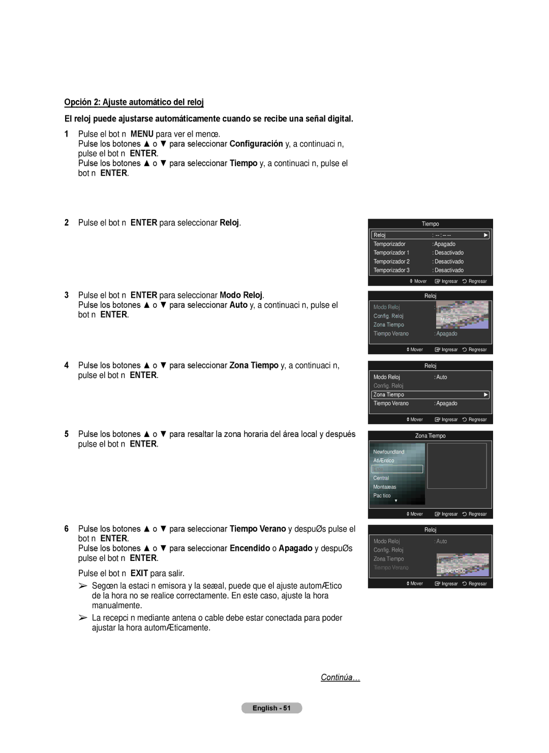 Samsung Series 6 650 user manual Opción 2 Ajuste automático del reloj 