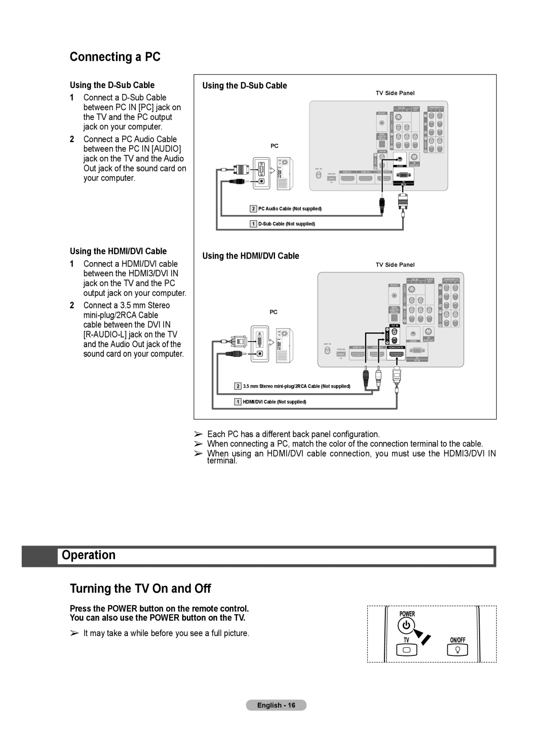 Samsung Series 6 650 Connecting a PC, Operation Turning the TV On and Off, Using the D-Sub Cable, Using the HDMI/DVI Cable 