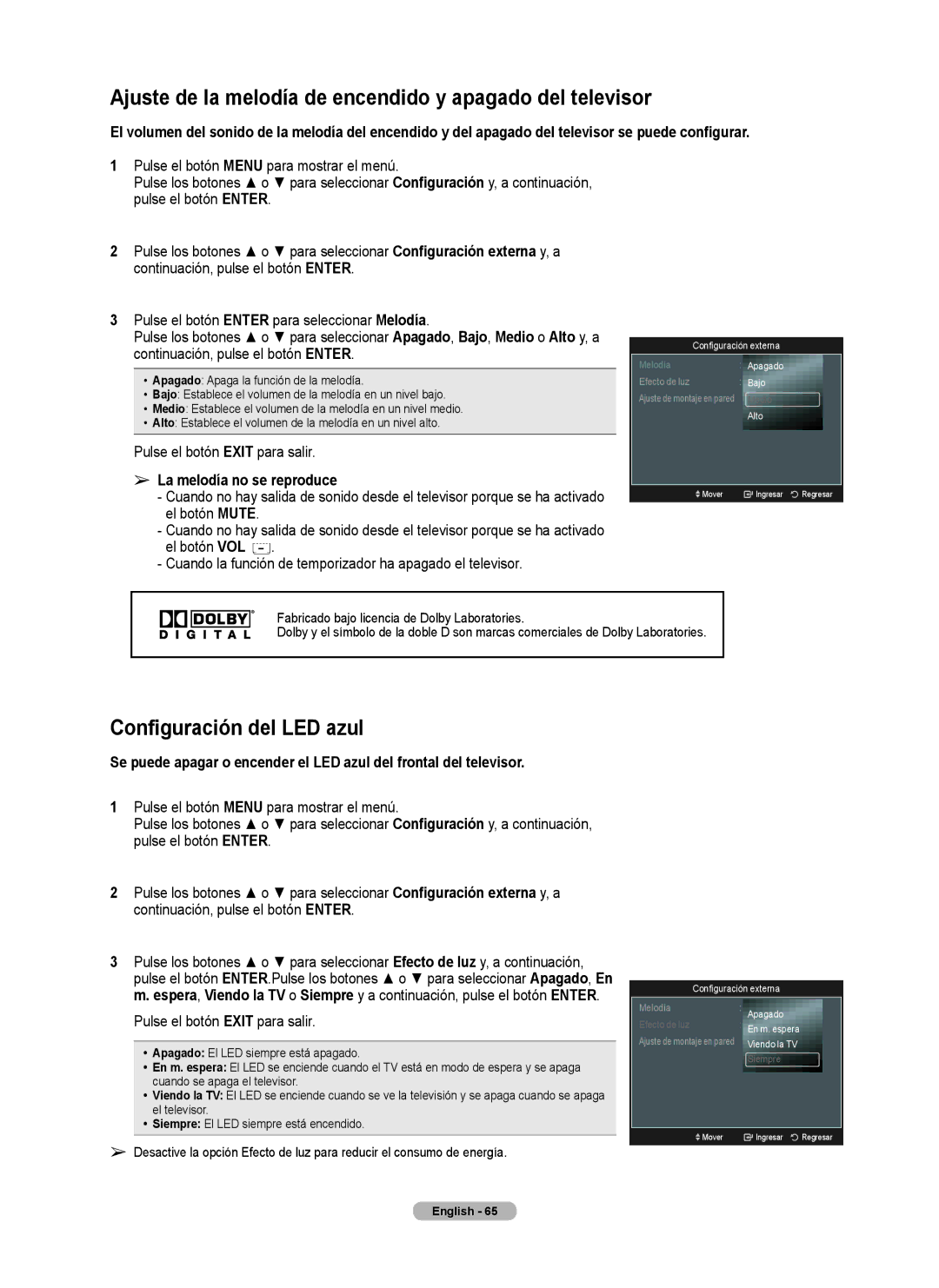 Samsung Series 6 650 user manual Ajuste de la melodía de encendido y apagado del televisor, Configuración del LED azul 