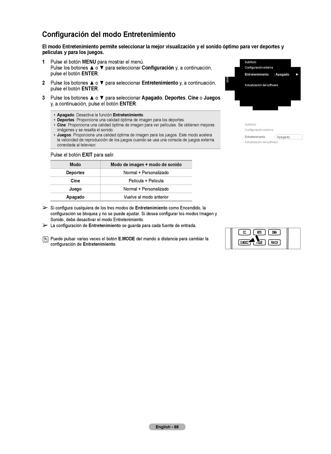 Samsung Series 6 650 user manual Configuración del modo Entretenimiento, Modo, Entretenimiento Apagado 