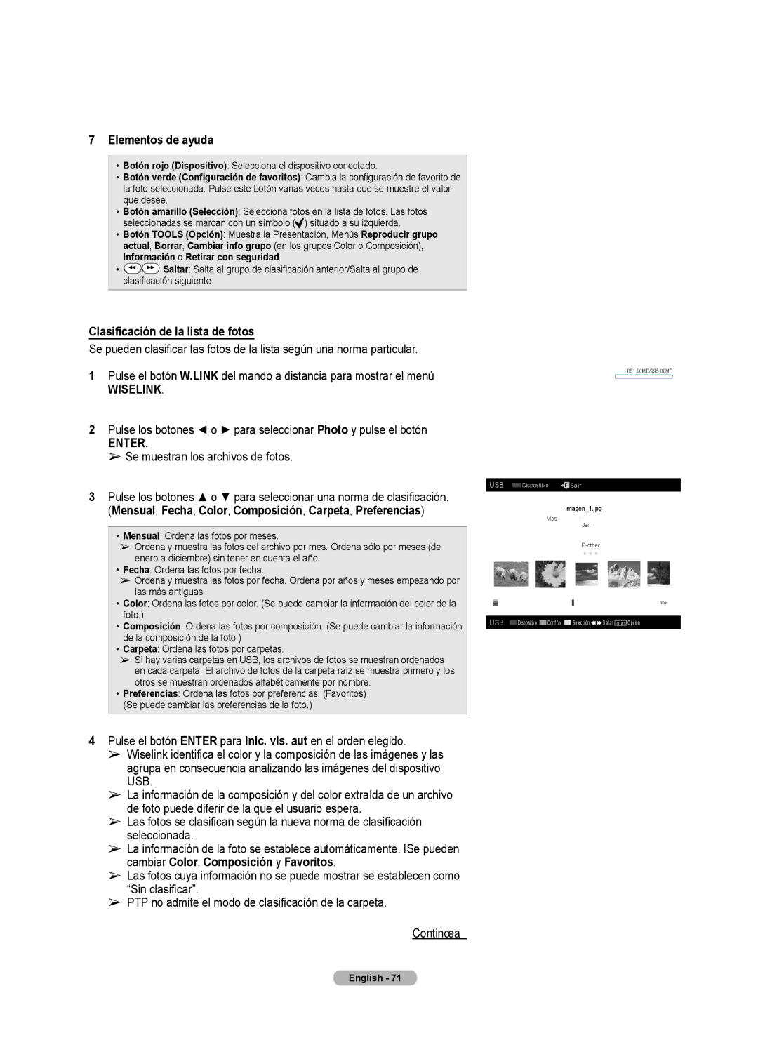 Samsung Series 6 650 user manual Elementos de ayuda, Clasificación de la lista de fotos, Se muestran los archivos de fotos 