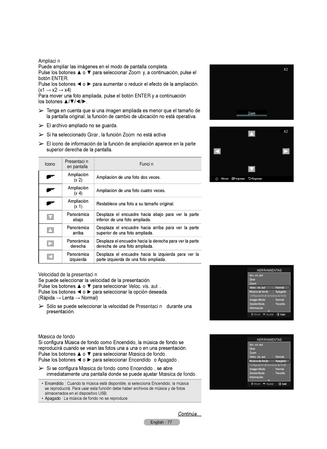 Samsung Series 6 650 user manual Ampliación, Velocidad de la presentación, Música de fondo 