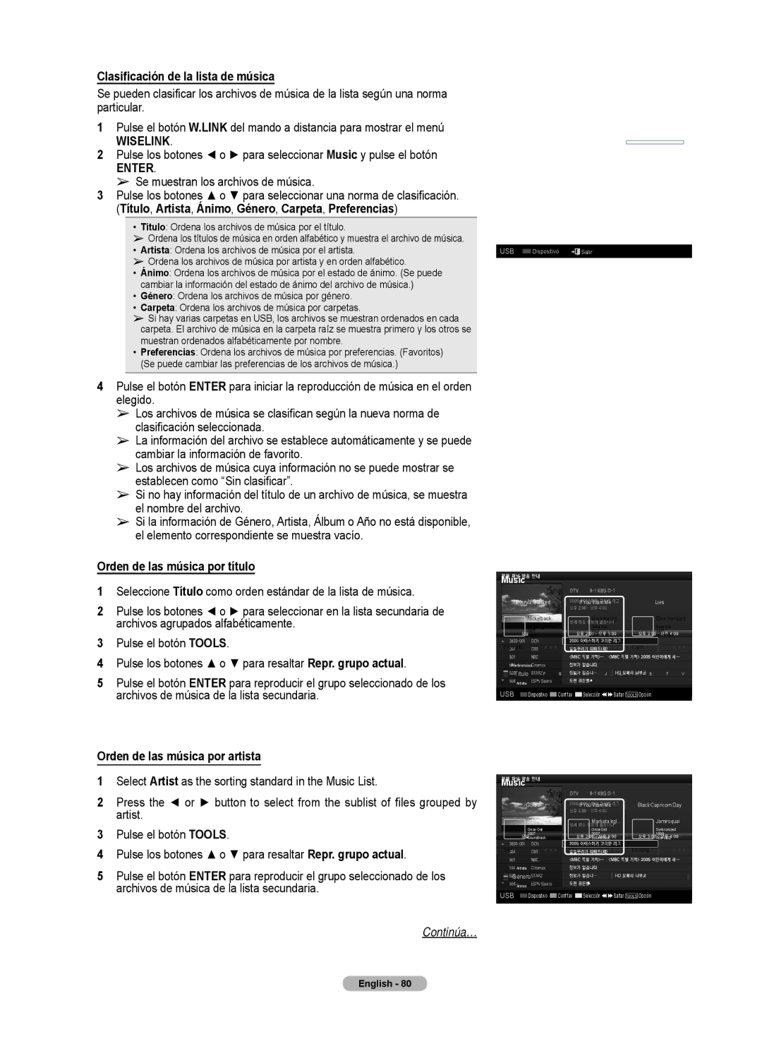 Samsung Series 6 650 user manual Clasificación de la lista de música, Título, Artista, Ánimo, Género, Carpeta, Preferencias 