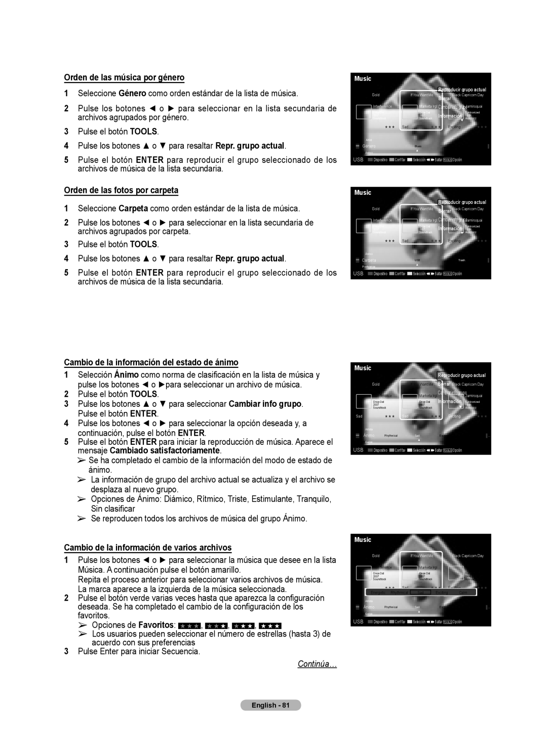 Samsung Series 6 650 user manual Orden de las música por género, Cambio de la información del estado de ánimo 