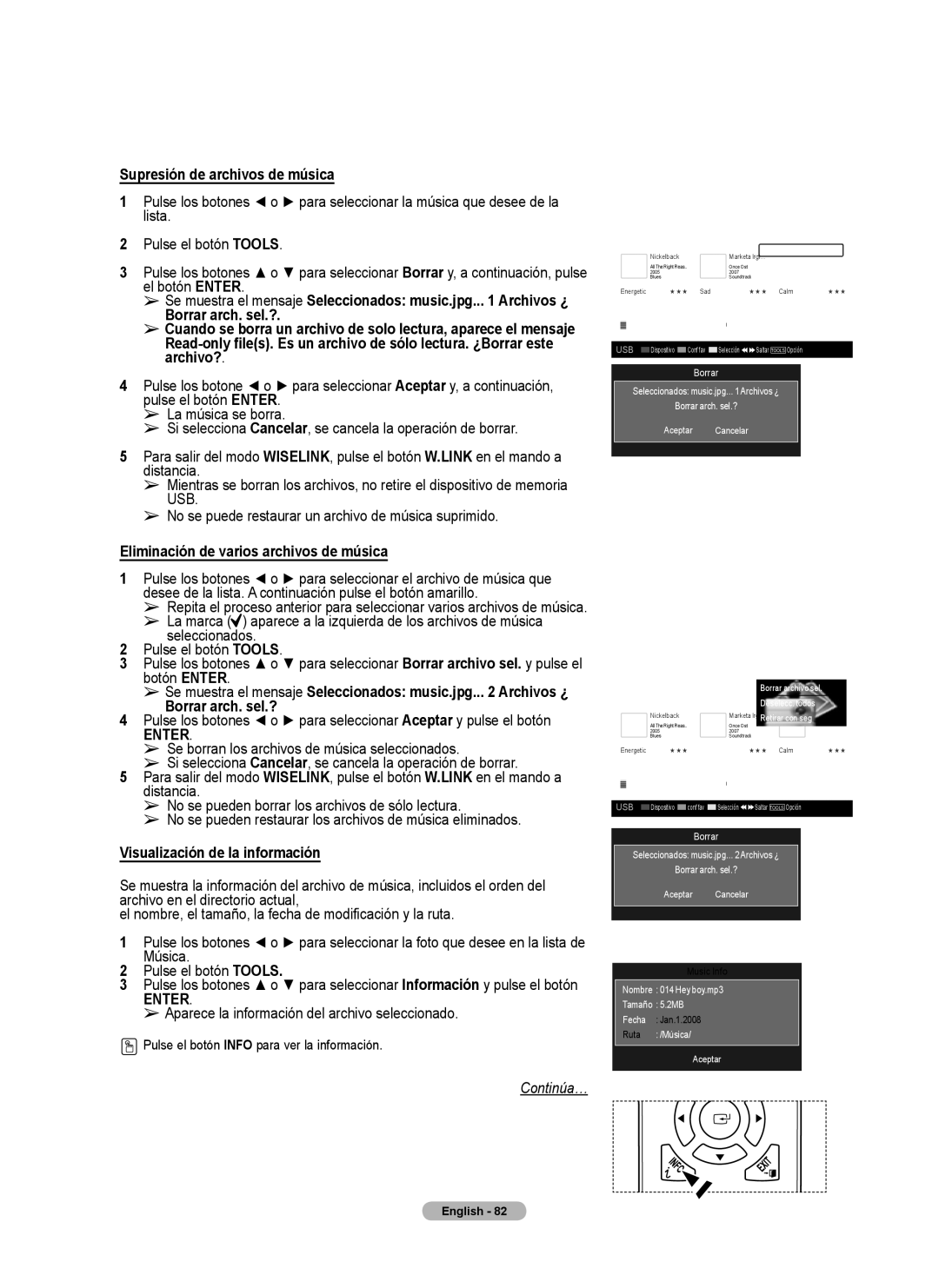 Samsung Series 6 650 user manual Supresión de archivos de música, Eliminación de varios archivos de música 