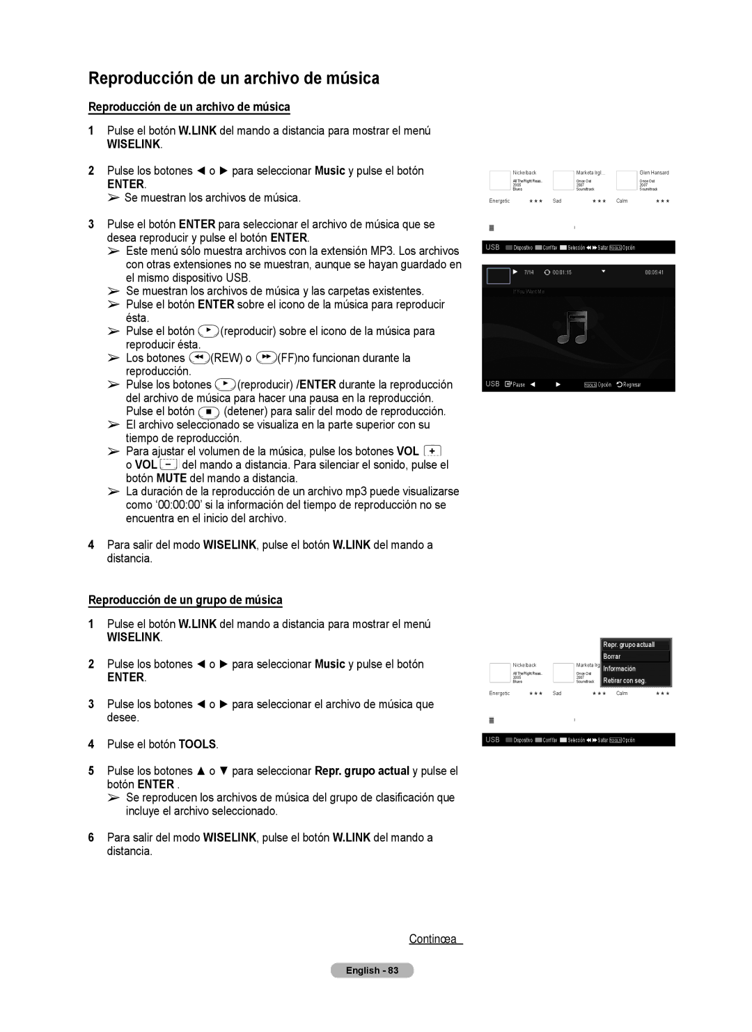 Samsung Series 6 650 user manual Reproducción de un archivo de música, Reproducción de un grupo de música 